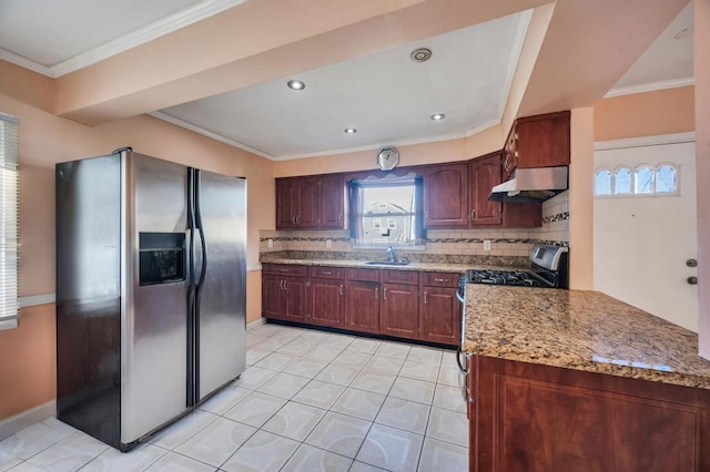 kitchen with sink, crown molding, decorative backsplash, stainless steel refrigerator with ice dispenser, and light stone countertops