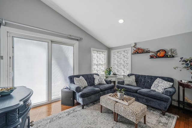 living room featuring hardwood / wood-style flooring, plenty of natural light, and vaulted ceiling