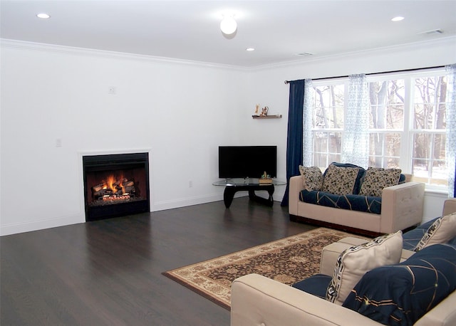 living room featuring ornamental molding and dark wood-type flooring