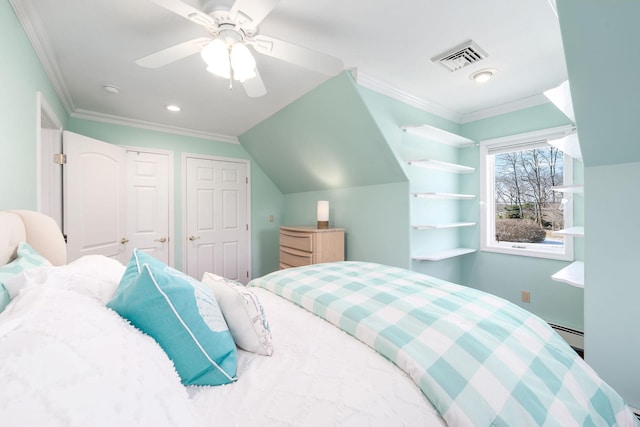 bedroom with ornamental molding, a baseboard radiator, visible vents, and a ceiling fan