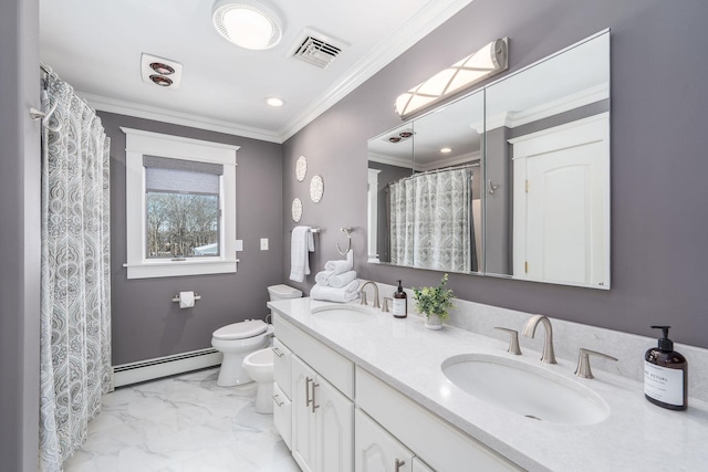 full bath with ornamental molding, a baseboard radiator, a bidet, and a sink