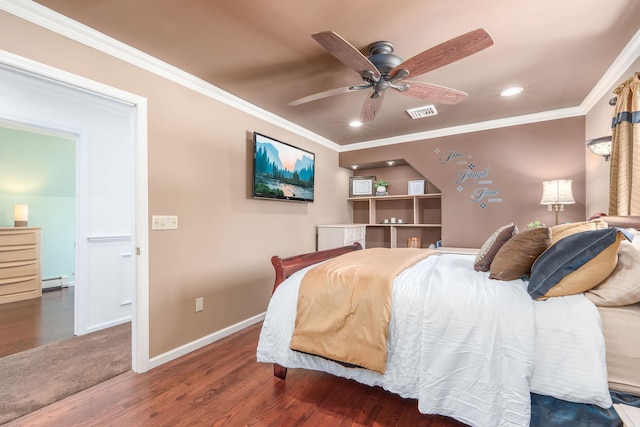 bedroom featuring baseboards, ornamental molding, dark wood-style flooring, a baseboard heating unit, and recessed lighting