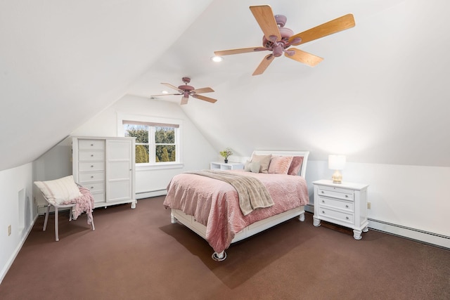 bedroom with dark colored carpet, ceiling fan, lofted ceiling, and baseboard heating