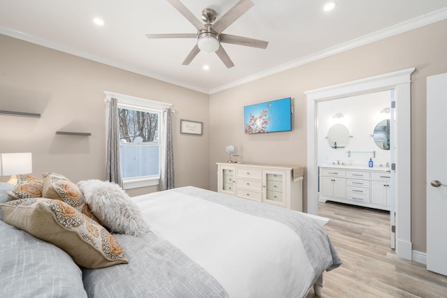 bedroom featuring recessed lighting, crown molding, and light wood-style flooring