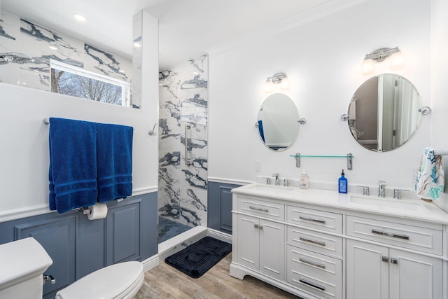 bathroom with double vanity, toilet, wainscoting, a sink, and a walk in shower