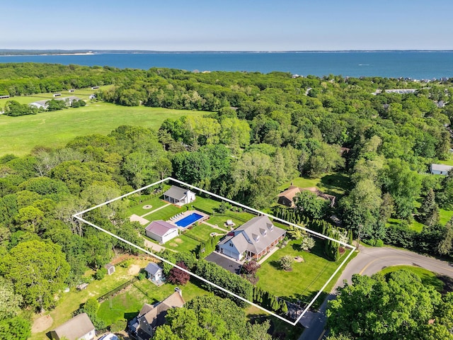 1125 Ole Jule Ln, Mattituck, NY 11952 - aerial view of property's location featuring property boundaries highlighted, a large body of water, and a heavily wooded area
