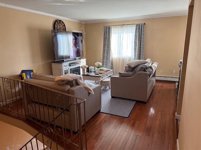 living room with dark hardwood / wood-style flooring, crown molding, and baseboard heating