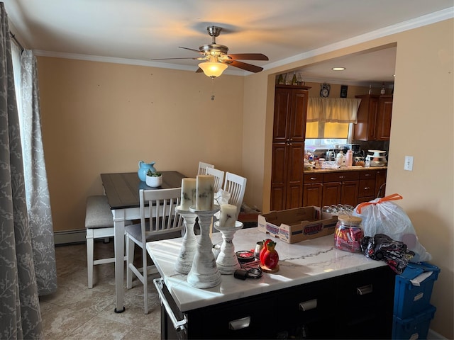 interior space featuring ornamental molding and ceiling fan