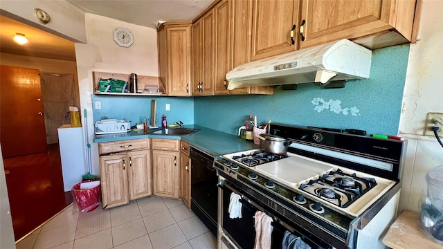 kitchen with light tile patterned flooring, black dishwasher, sink, and white gas range oven