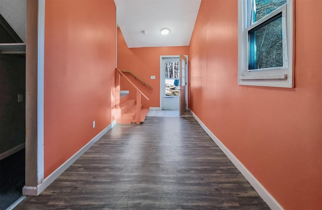 doorway featuring lofted ceiling and dark hardwood / wood-style floors