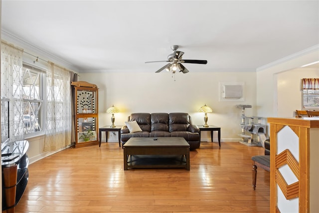 living room with crown molding, ceiling fan, and light wood-type flooring