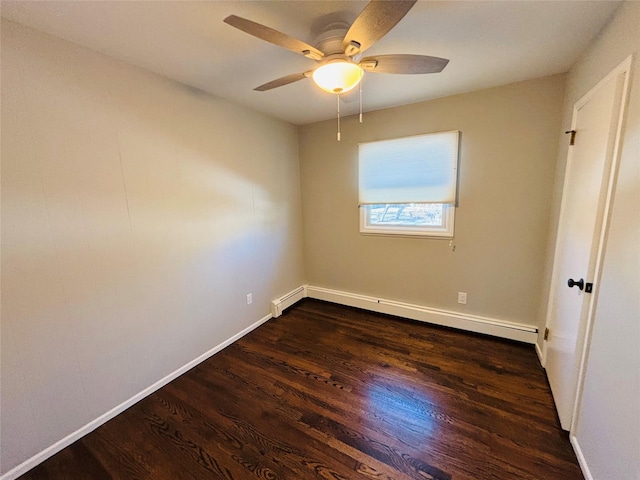 empty room featuring ceiling fan, a baseboard radiator, and dark hardwood / wood-style floors