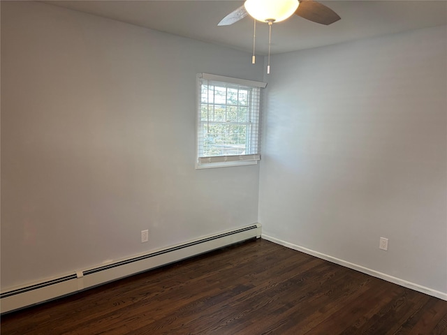 empty room featuring a baseboard radiator, dark hardwood / wood-style floors, and ceiling fan