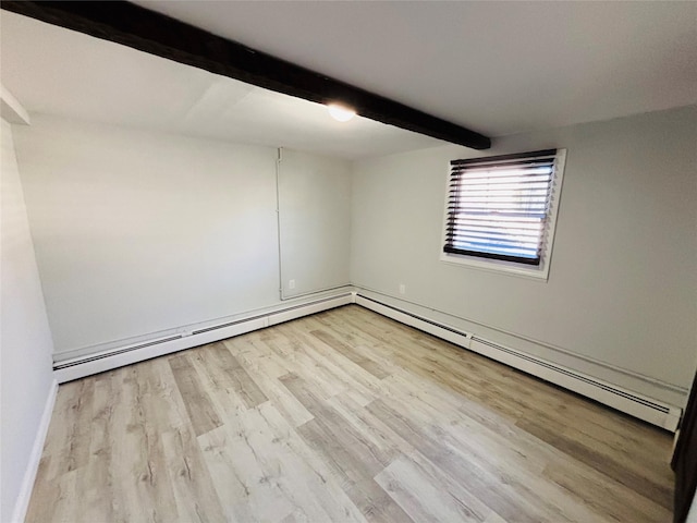 unfurnished room with beam ceiling and light hardwood / wood-style floors