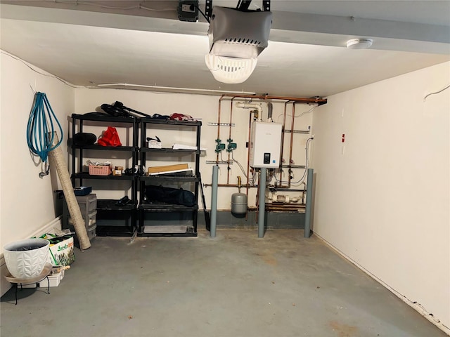 garage featuring tankless water heater