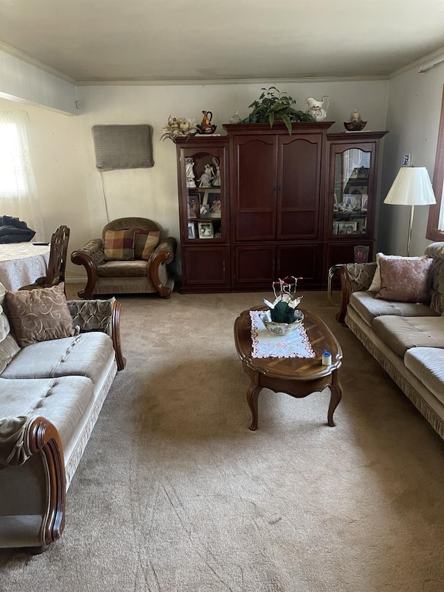 carpeted living room featuring crown molding