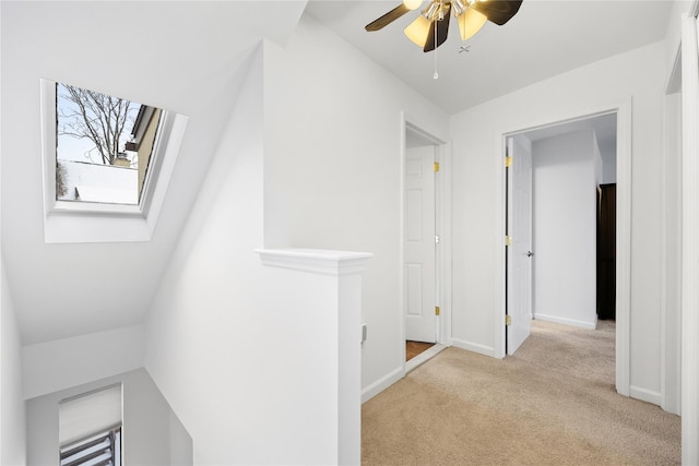 hall featuring light colored carpet and a skylight