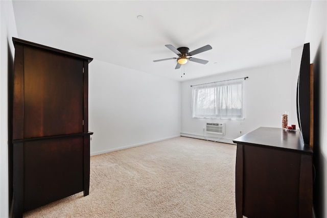 unfurnished bedroom with light carpet, an AC wall unit, ceiling fan, and baseboard heating