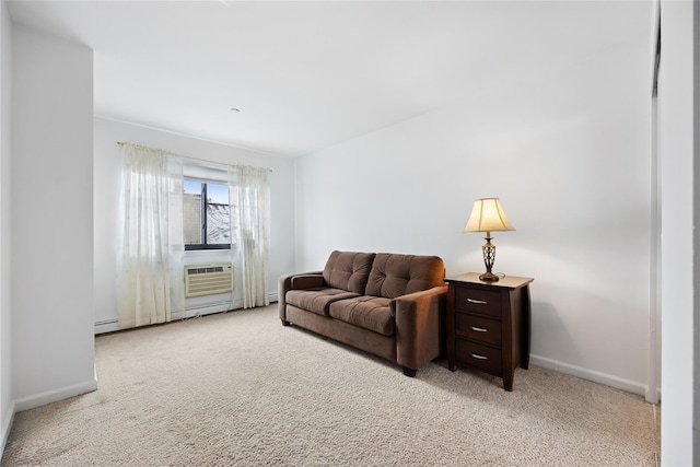 living room with light carpet and a baseboard radiator