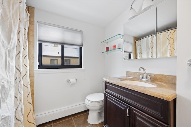 bathroom with vanity, tile patterned flooring, a baseboard radiator, and toilet