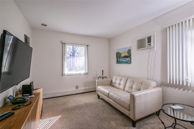 living room featuring light colored carpet, a wall mounted AC, and a baseboard heating unit