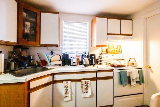 kitchen with white cabinetry, white electric range oven, sink, and backsplash