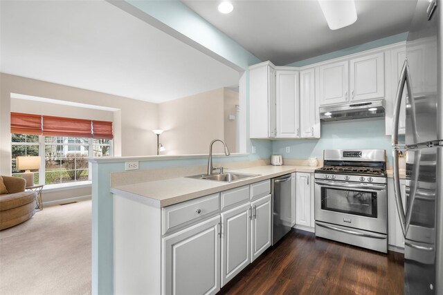 kitchen with sink, appliances with stainless steel finishes, white cabinetry, dark hardwood / wood-style flooring, and kitchen peninsula