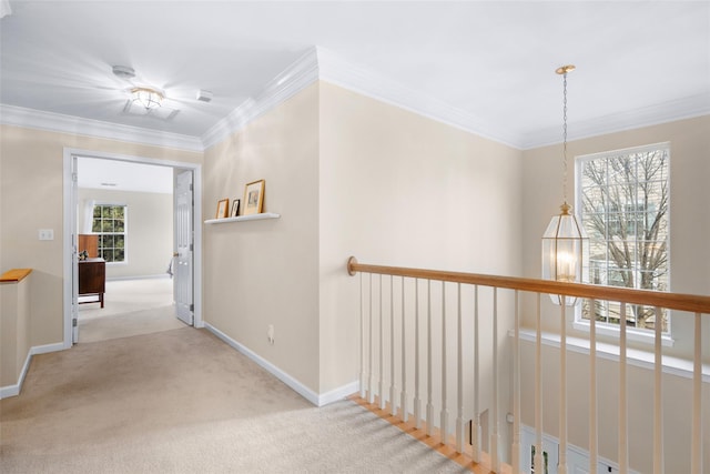 hallway with crown molding and light carpet