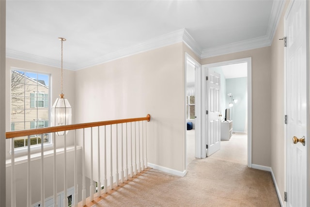 corridor with crown molding and light colored carpet