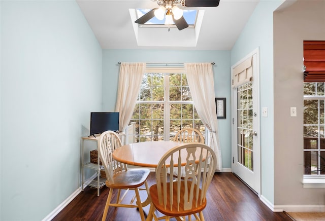 dining space featuring dark wood-type flooring and ceiling fan