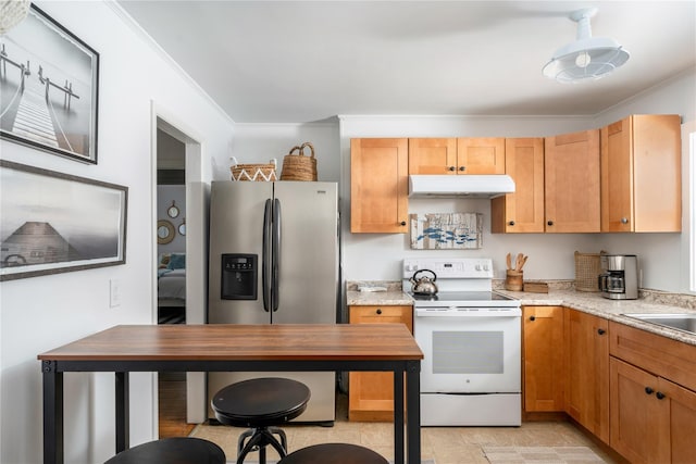 kitchen featuring light stone counters, ornamental molding, white electric range, and stainless steel fridge with ice dispenser