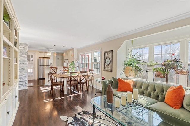 living room featuring ornamental molding and dark wood-style flooring