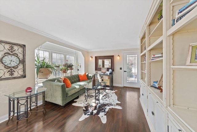 living area featuring baseboards, ornamental molding, dark wood finished floors, and a healthy amount of sunlight