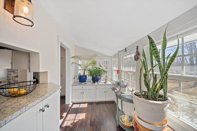 kitchen featuring lofted ceiling, white cabinetry, light stone countertops, dark wood-style floors, and tasteful backsplash