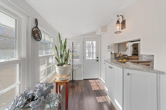 doorway to outside featuring lofted ceiling, dark wood-style flooring, and baseboards