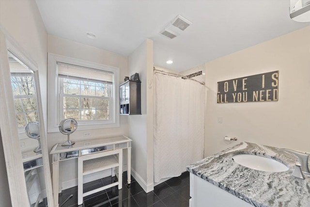 full bath with curtained shower, tile patterned flooring, vanity, visible vents, and baseboards