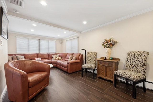 living room with dark wood-type flooring and crown molding