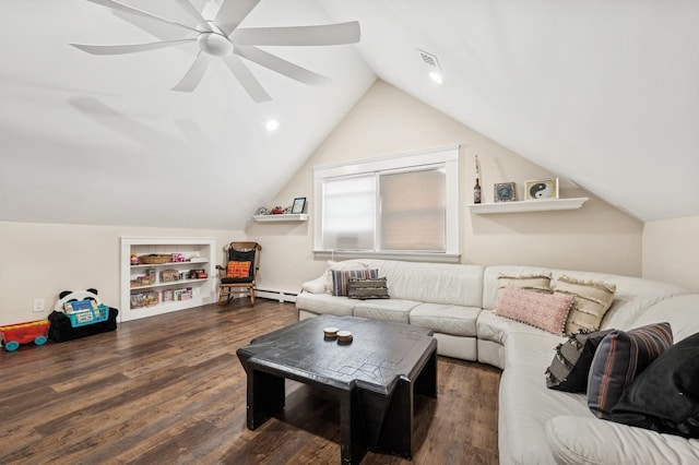 living room with ceiling fan, vaulted ceiling, dark wood-type flooring, and built in features