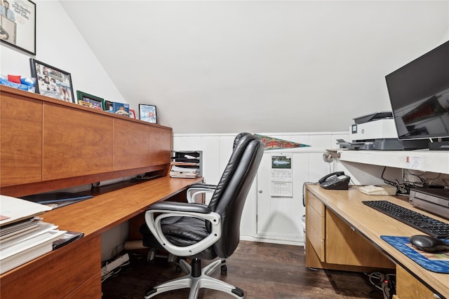 office featuring a workshop area, lofted ceiling, and dark hardwood / wood-style floors