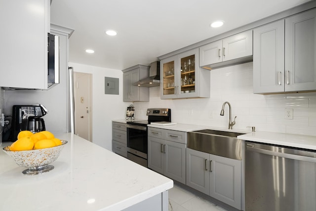 kitchen featuring wall chimney exhaust hood, sink, gray cabinets, electric panel, and stainless steel appliances