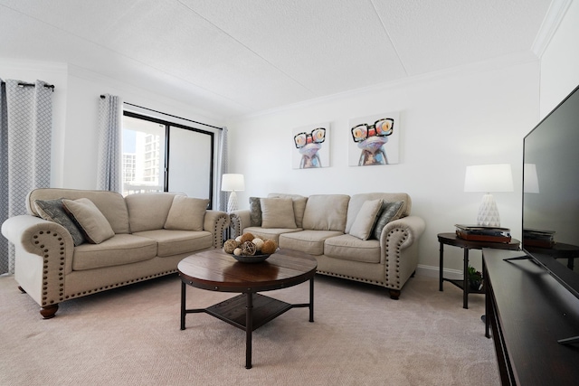 living room featuring light carpet, ornamental molding, and a textured ceiling