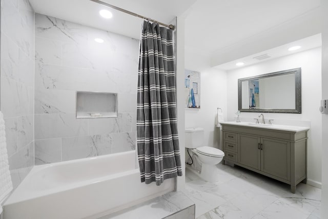 full bathroom featuring vanity, shower / bathtub combination with curtain, and toilet