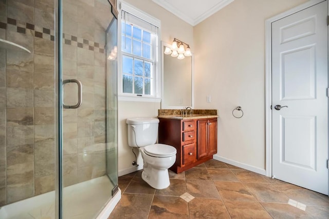 full bath with a stall shower, toilet, ornamental molding, and vanity