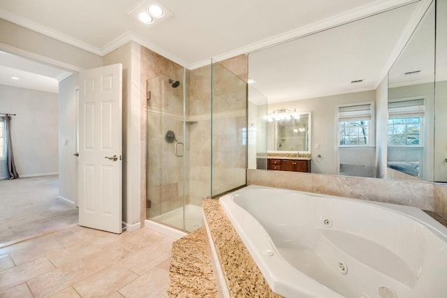 bathroom featuring ornamental molding, a tub with jets, a shower stall, baseboards, and vanity