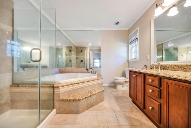 bathroom with a bath, visible vents, a stall shower, crown molding, and toilet