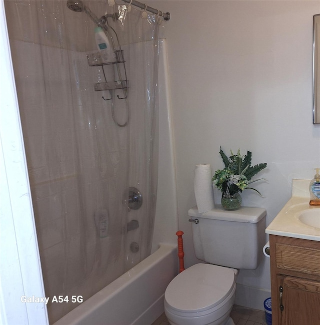 full bathroom featuring vanity, shower / bathtub combination with curtain, and toilet