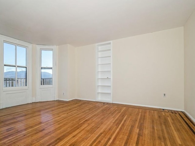 empty room featuring wood-type flooring and built in features