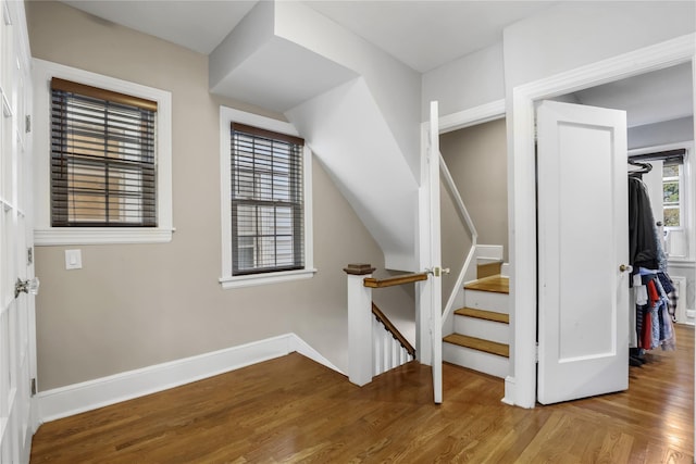 staircase featuring wood-type flooring