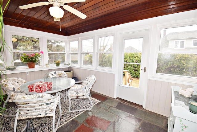 sunroom / solarium featuring wood ceiling, ceiling fan, and a healthy amount of sunlight