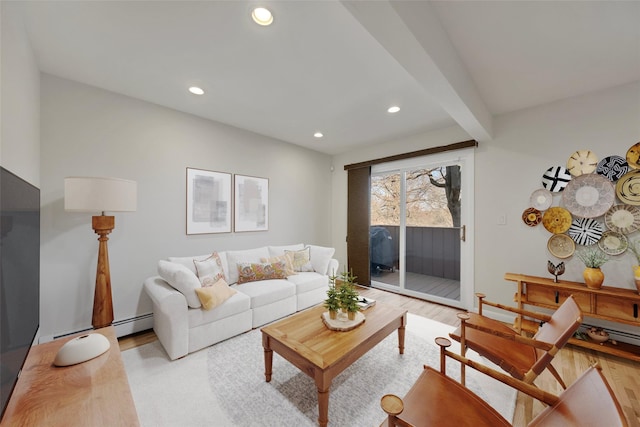 living room with beam ceiling, light hardwood / wood-style floors, and baseboard heating